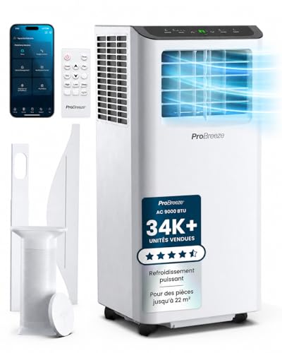 Pro Breeze Climatiseur Mobile 4-en-1 9000 BTU - Clim Puissante compatible WiFi avec Application - Minuterie 24 heures, Télécommande et Kit Fenêtre inclus pour Chambre, Salon 22m² [Classe énergétique A]